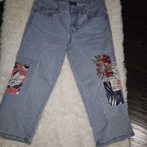 DG2 by Diane Gilman Blue Floral Patchwork Cropped Jeans